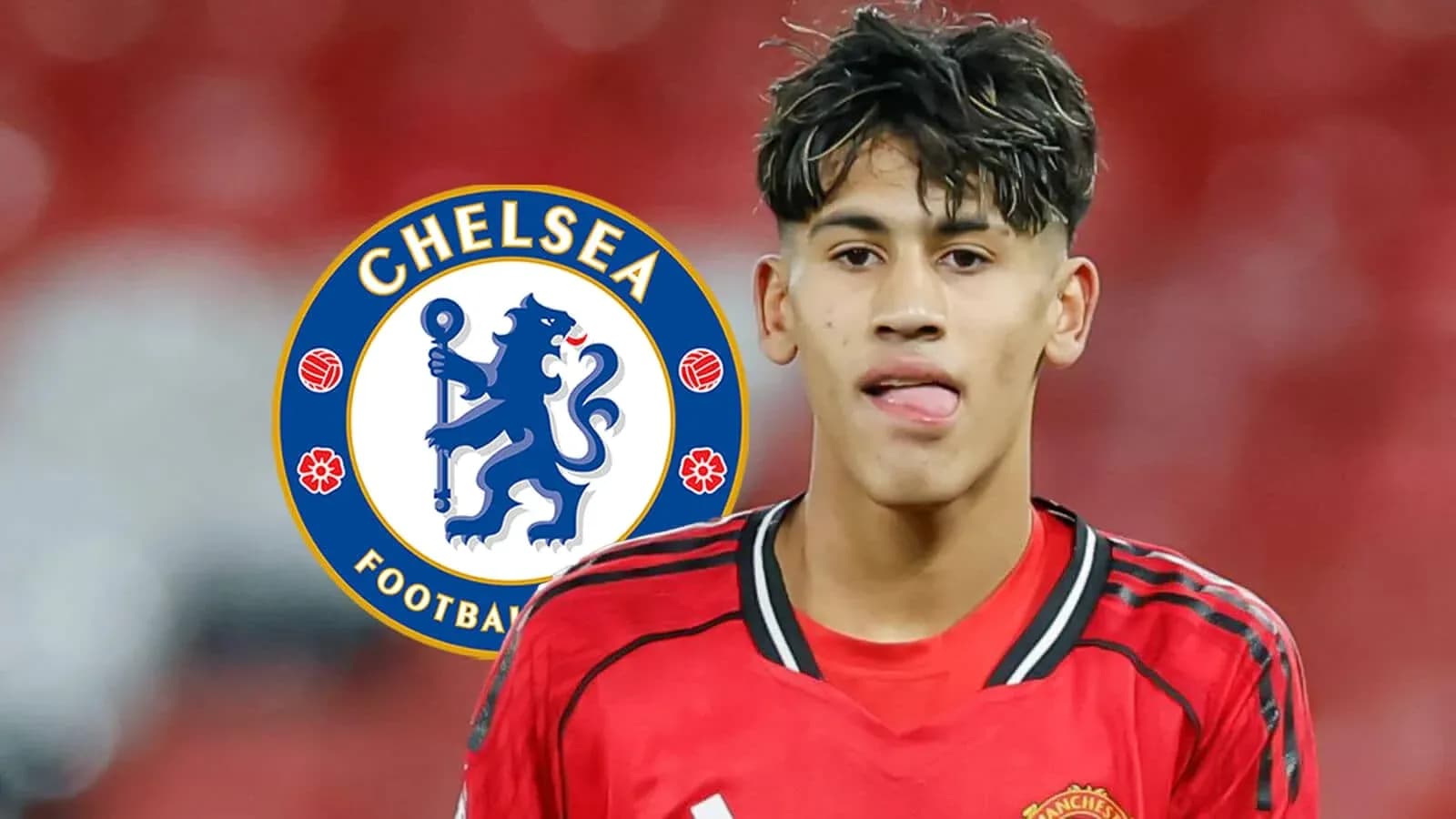 Player wearing red jersey with Chelsea logo overlay Player wearing red jersey with Chelsea logo overlay