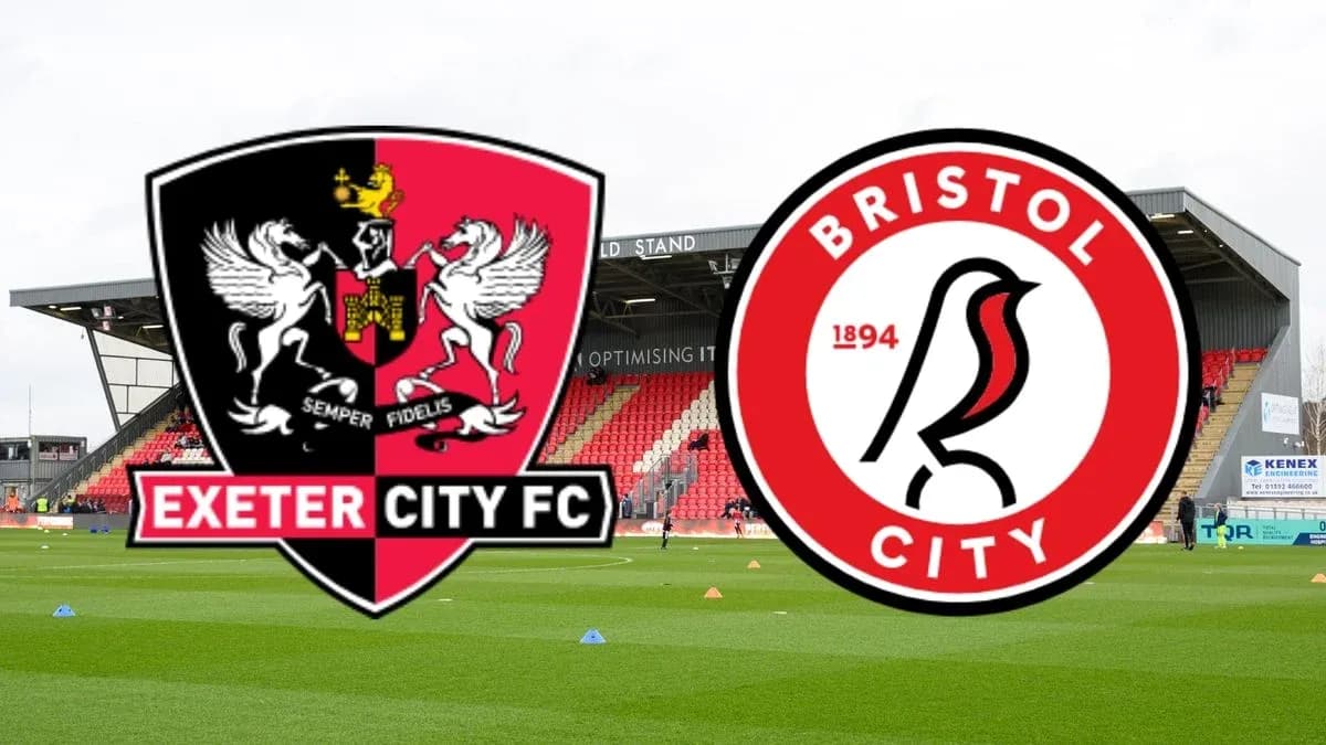 Logos of Exeter City FC and Bristol City on pitch Logos of Exeter City FC and Bristol City on pitch