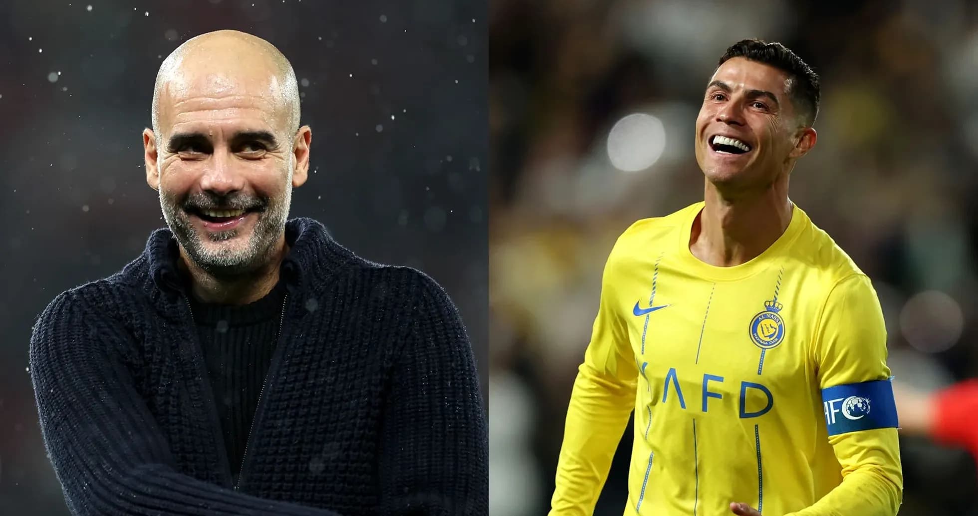 Pep Guardiola smiling alongside Cristiano Ronaldo celebrating Pep Guardiola smiling alongside Cristiano Ronaldo celebrating