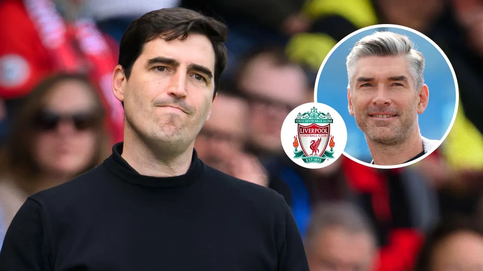 Football manager observing match with Liverpool logo Football manager observing match with Liverpool logo