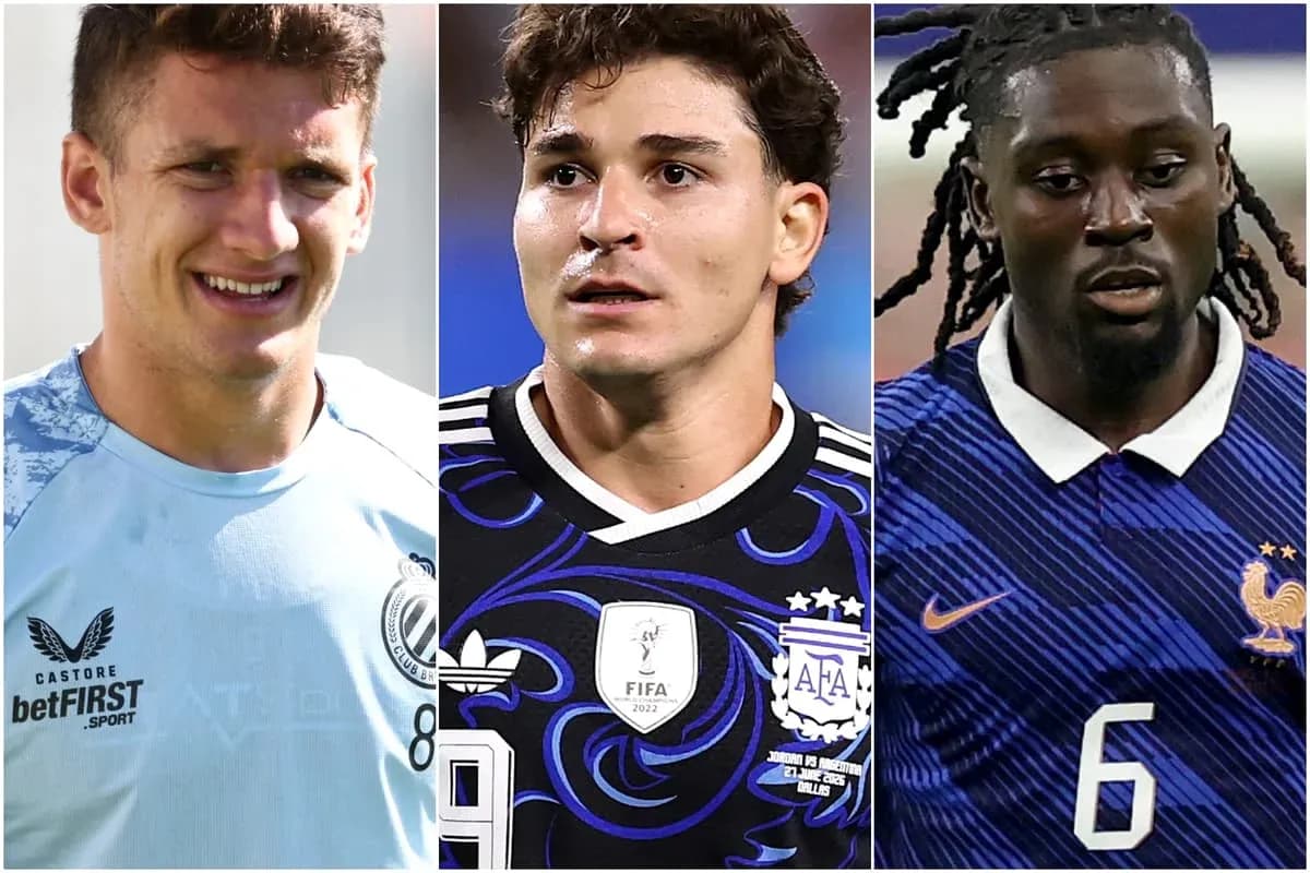 Three football players in team jerseys Three football players in team jerseys