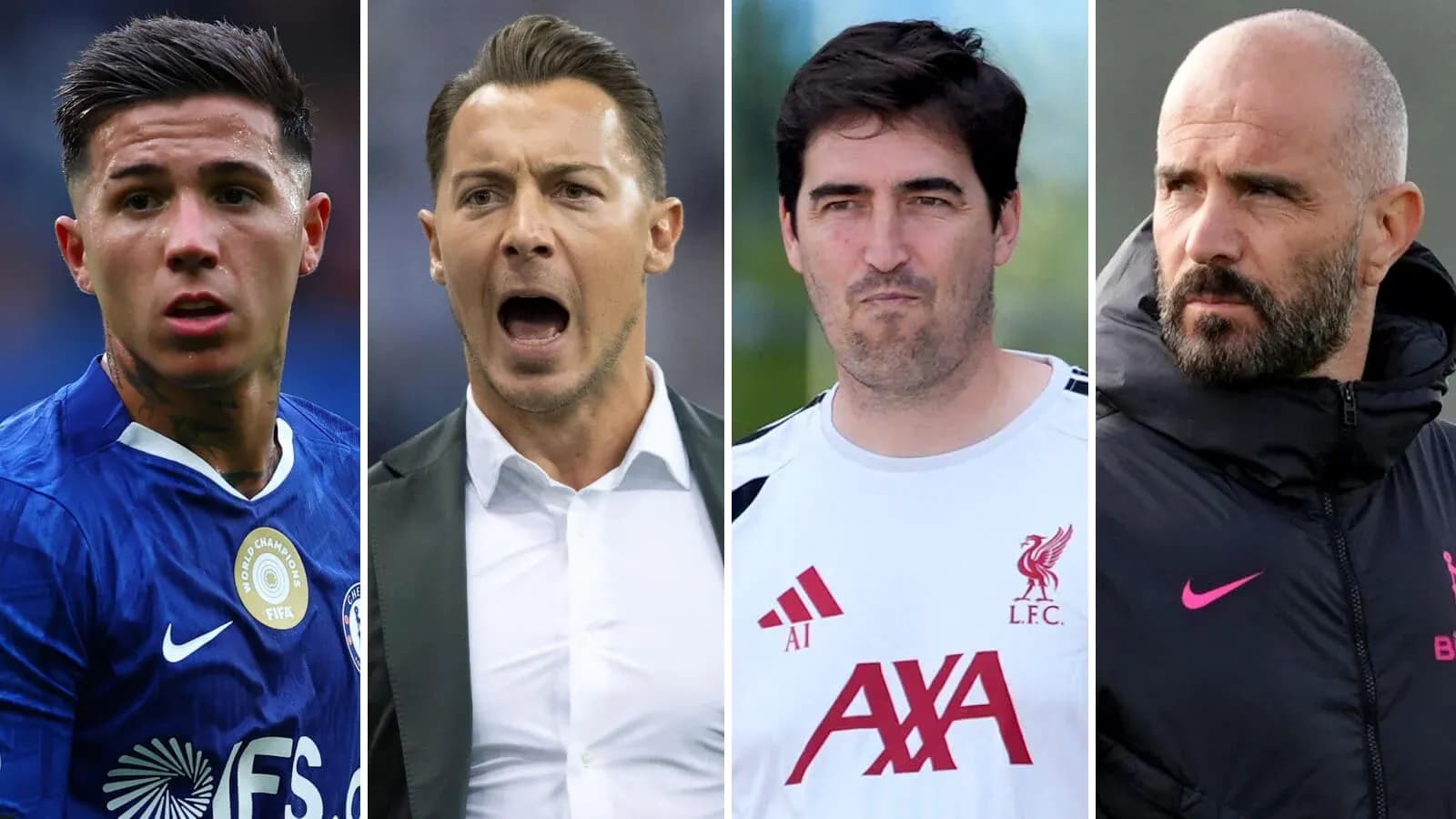 Four football figures including a player and three coaches Four football figures including a player and three coaches