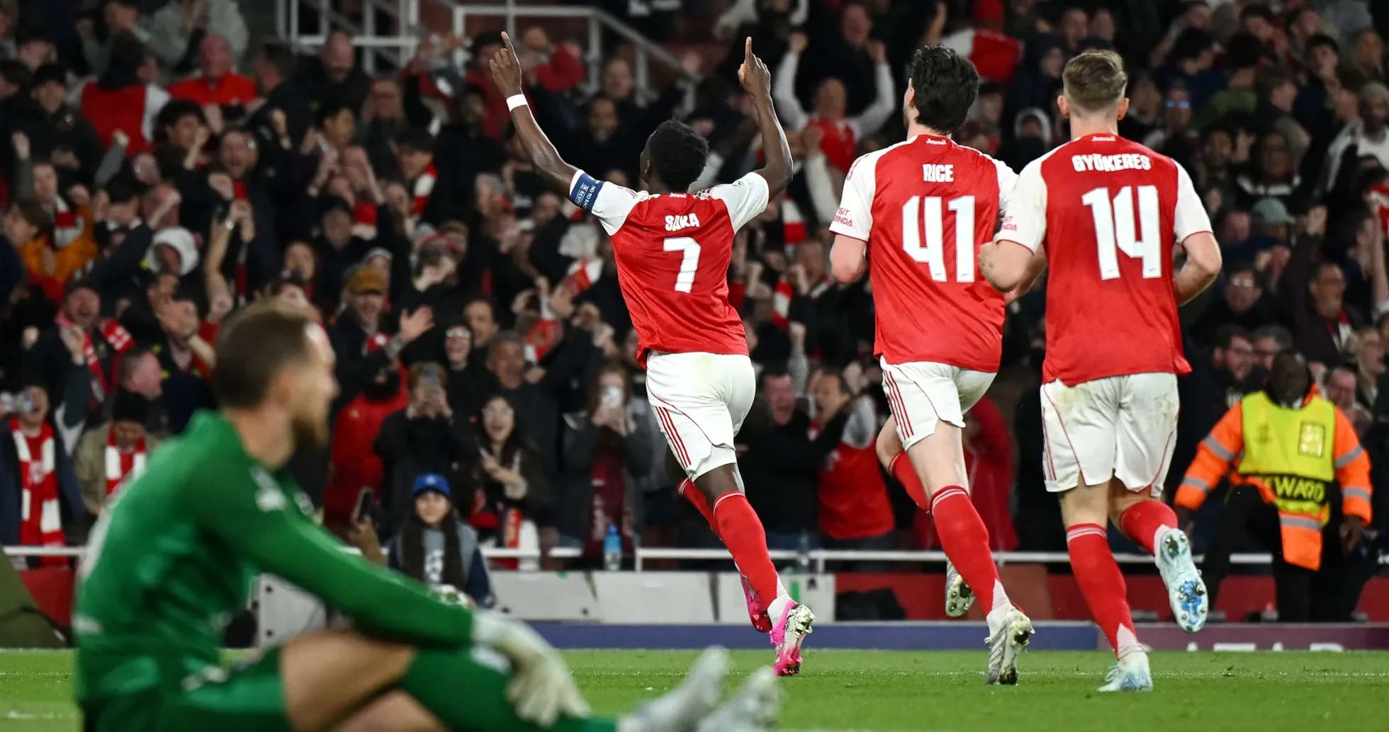 Bukayo Saka celebrating goal with teammates Bukayo Saka celebrating goal with teammates