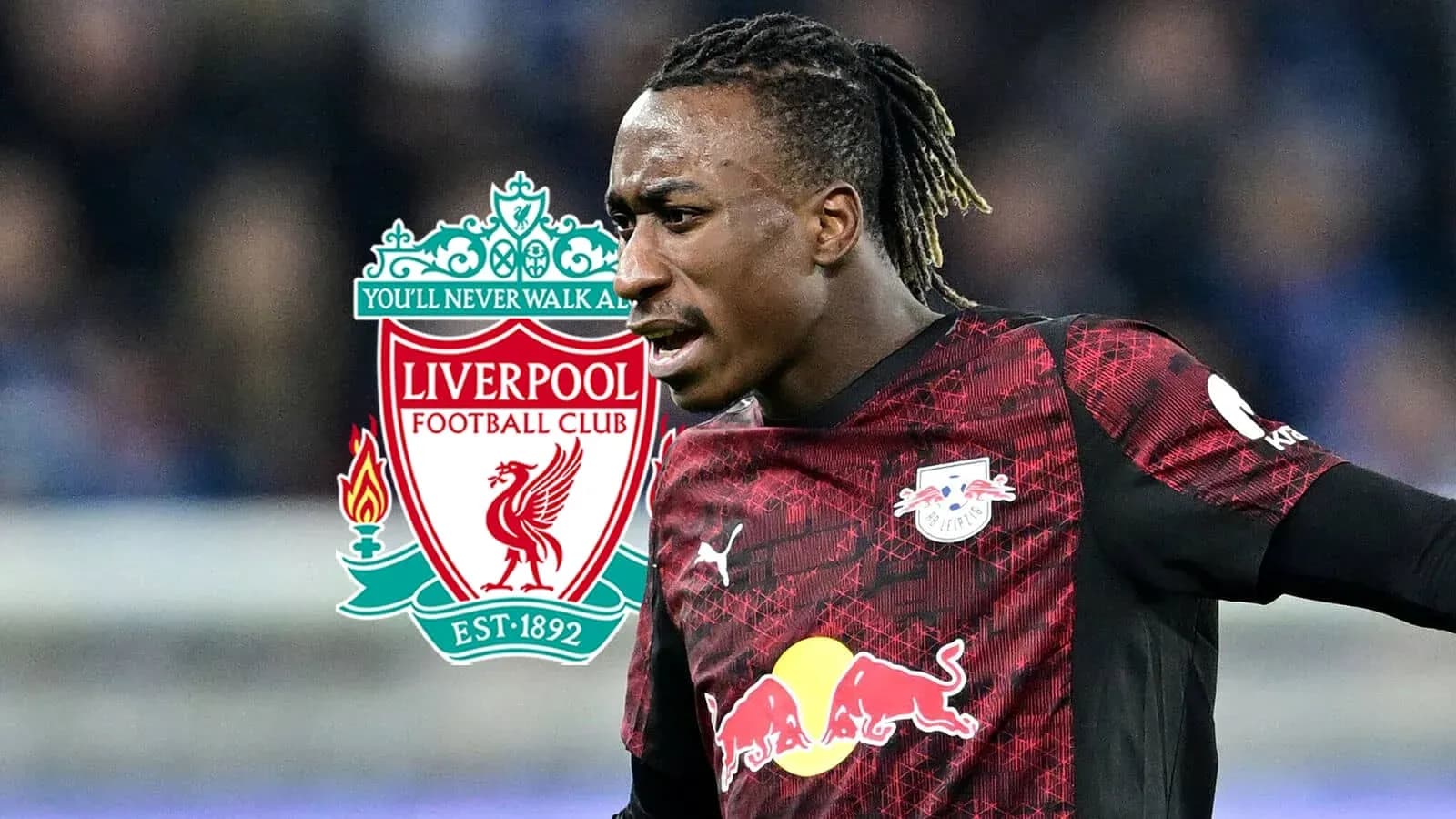 Player in RB Leipzig kit with Liverpool logo background Player in RB Leipzig kit with Liverpool logo background