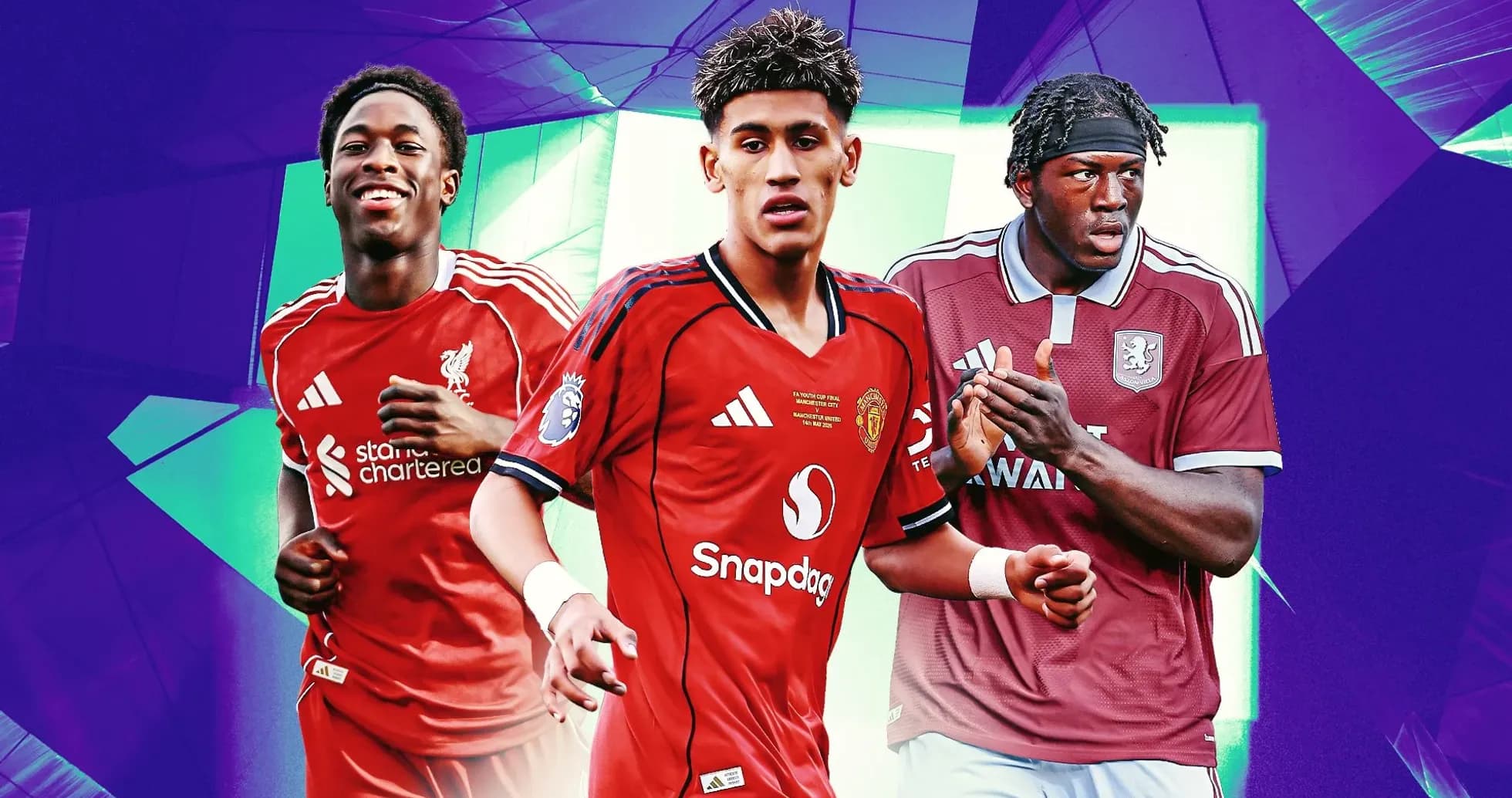 Three young football players in team kits Three young football players in team kits