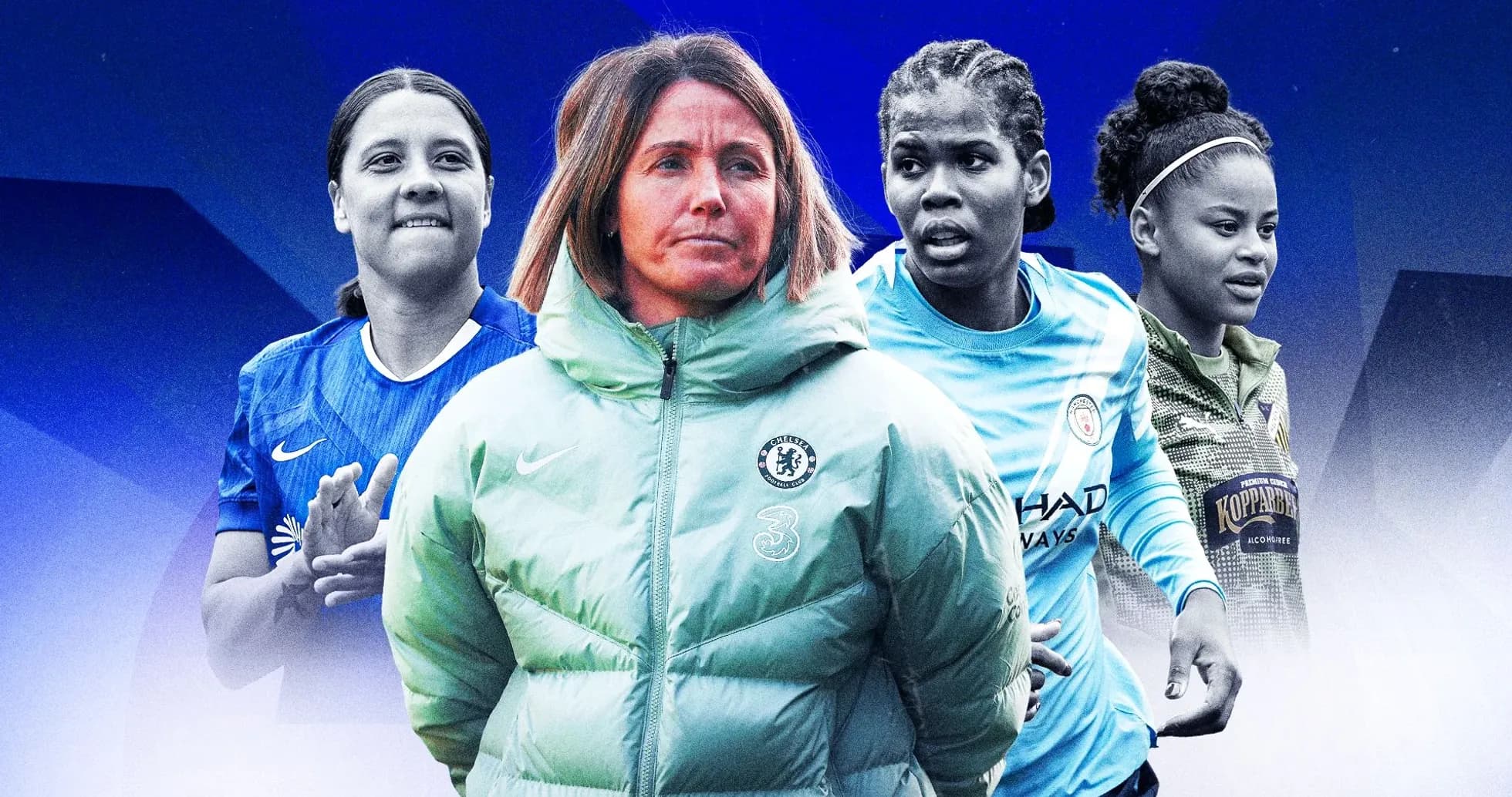 Four women's football players and a coach in action Four women's football players and a coach in action