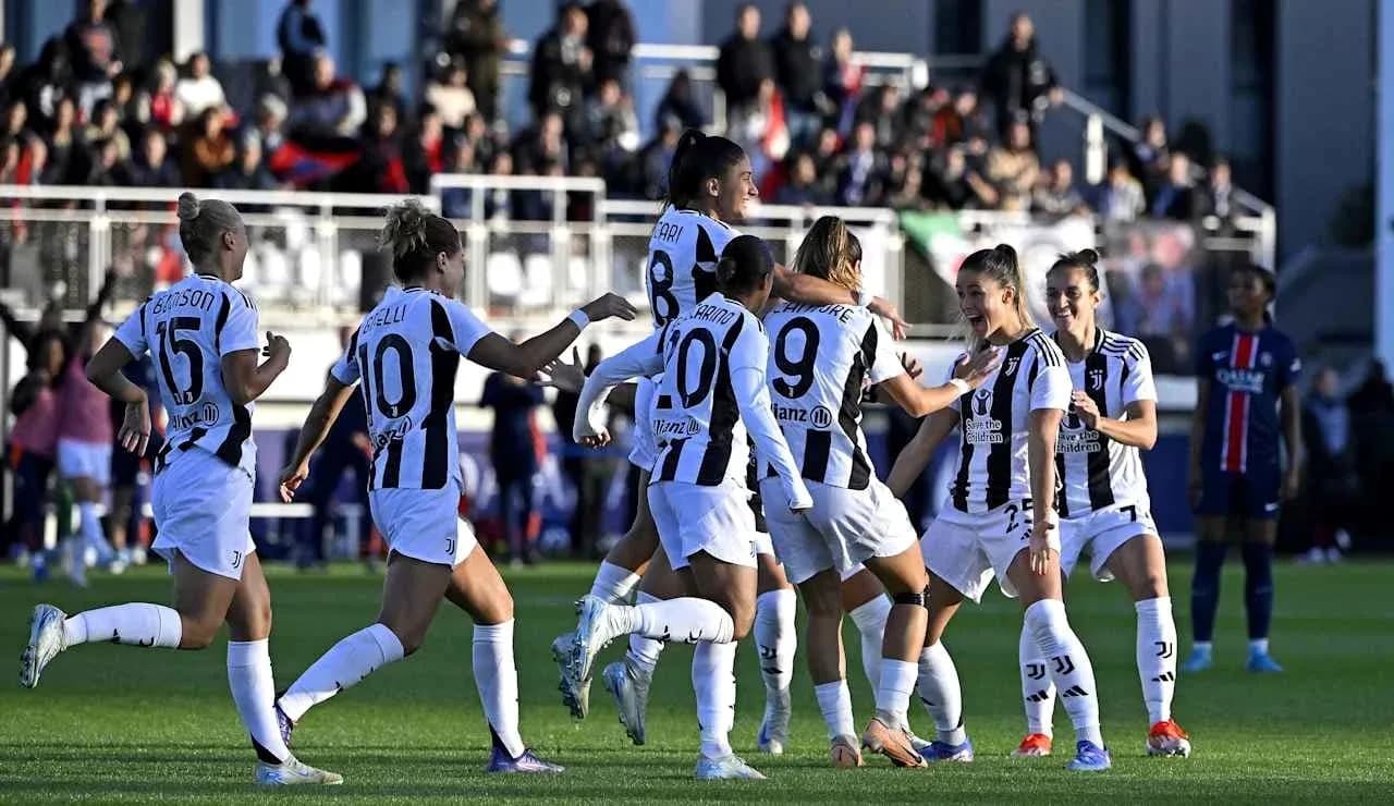 Juventus Women celebrating a goal against PSG Women Juventus Women celebrating a goal against PSG Women