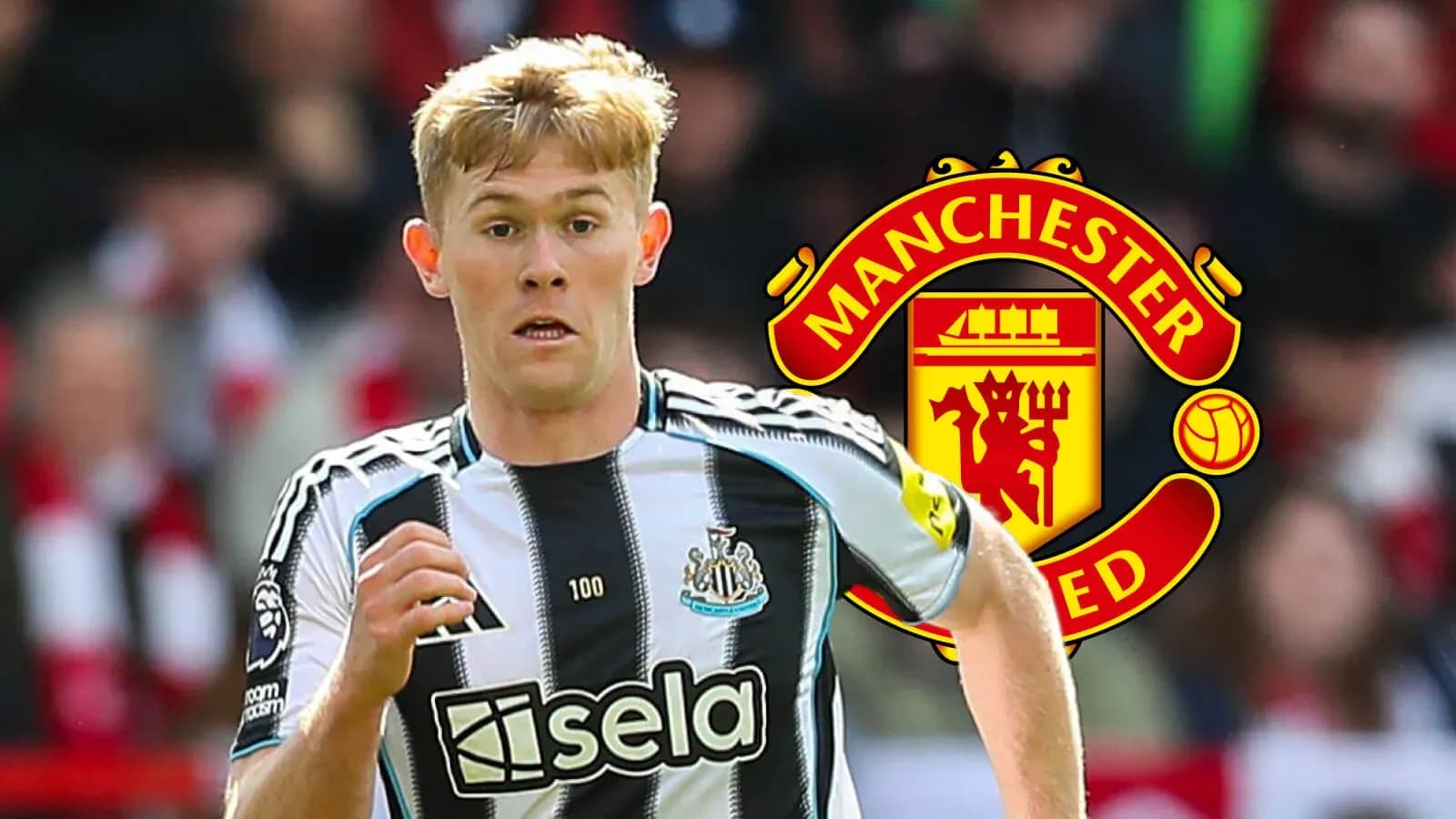 Newcastle United player running with Manchester United logo Newcastle United player running with Manchester United logo