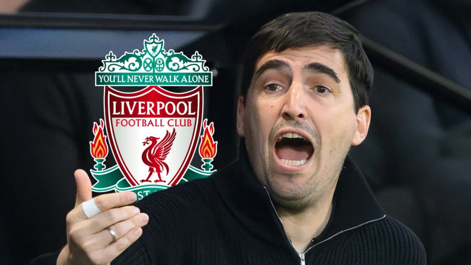 Person gesturing passionately with Liverpool logo in background Person gesturing passionately with Liverpool logo in background