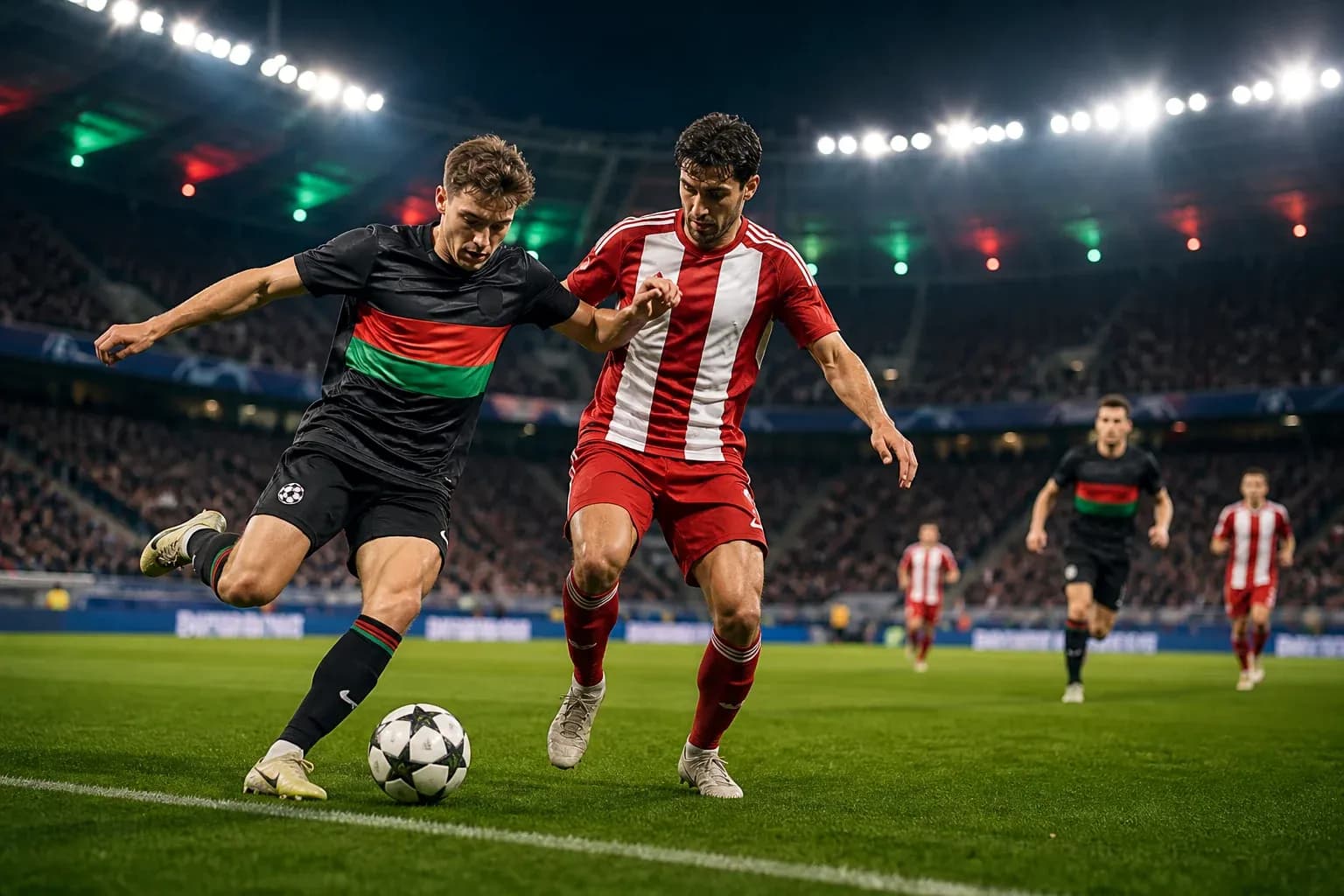 NEC Nijmegen player battling Olympiakos defender NEC Nijmegen player battling Olympiakos defender