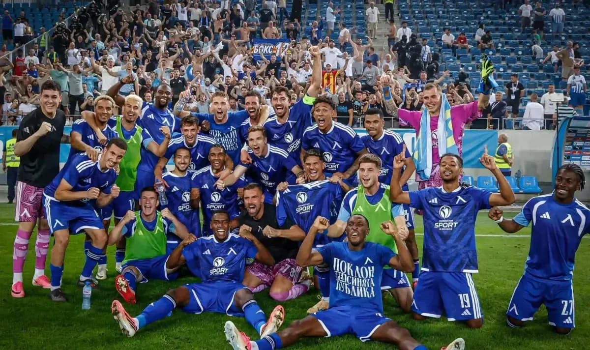 Levski Sofia players celebrating victory with fans Levski Sofia players celebrating victory with fans