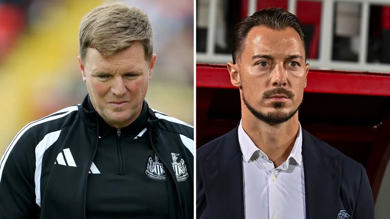 Two football managers on opposite sides of the image Two football managers on opposite sides of the image