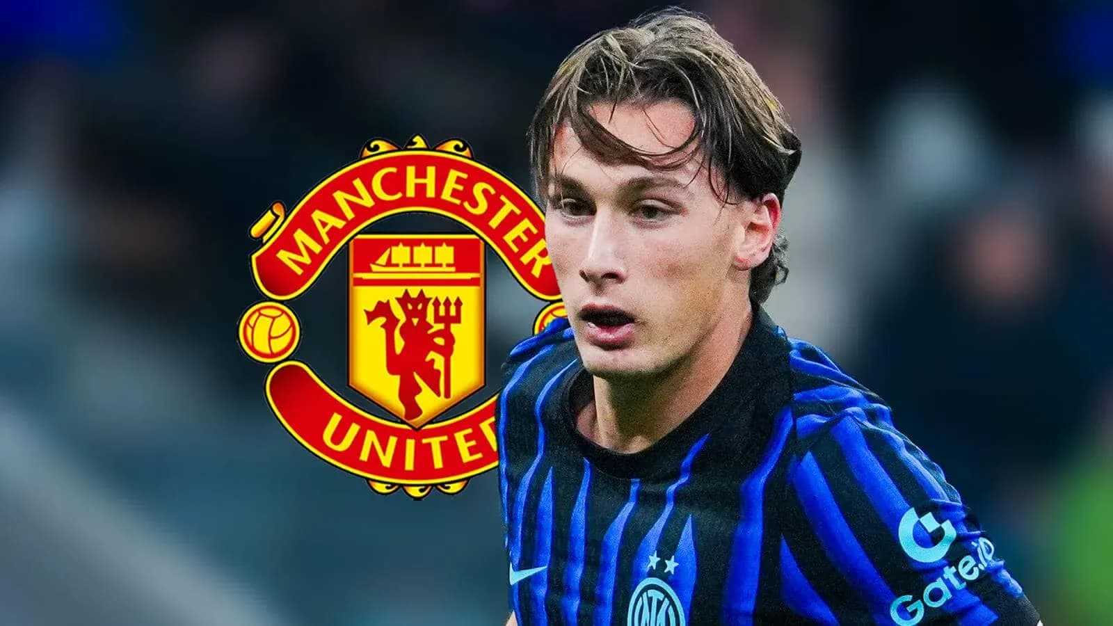 Player in blue jersey with Manchester United logo background Player in blue jersey with Manchester United logo background