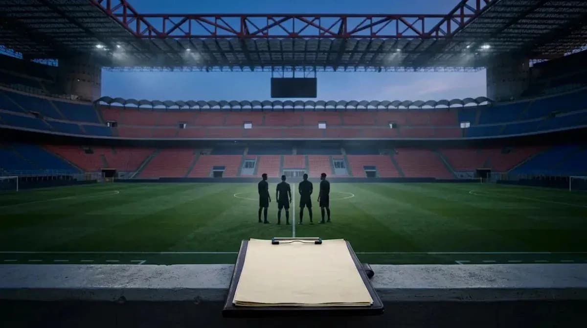 Referees discussing before match in empty stadium Referees discussing before match in empty stadium