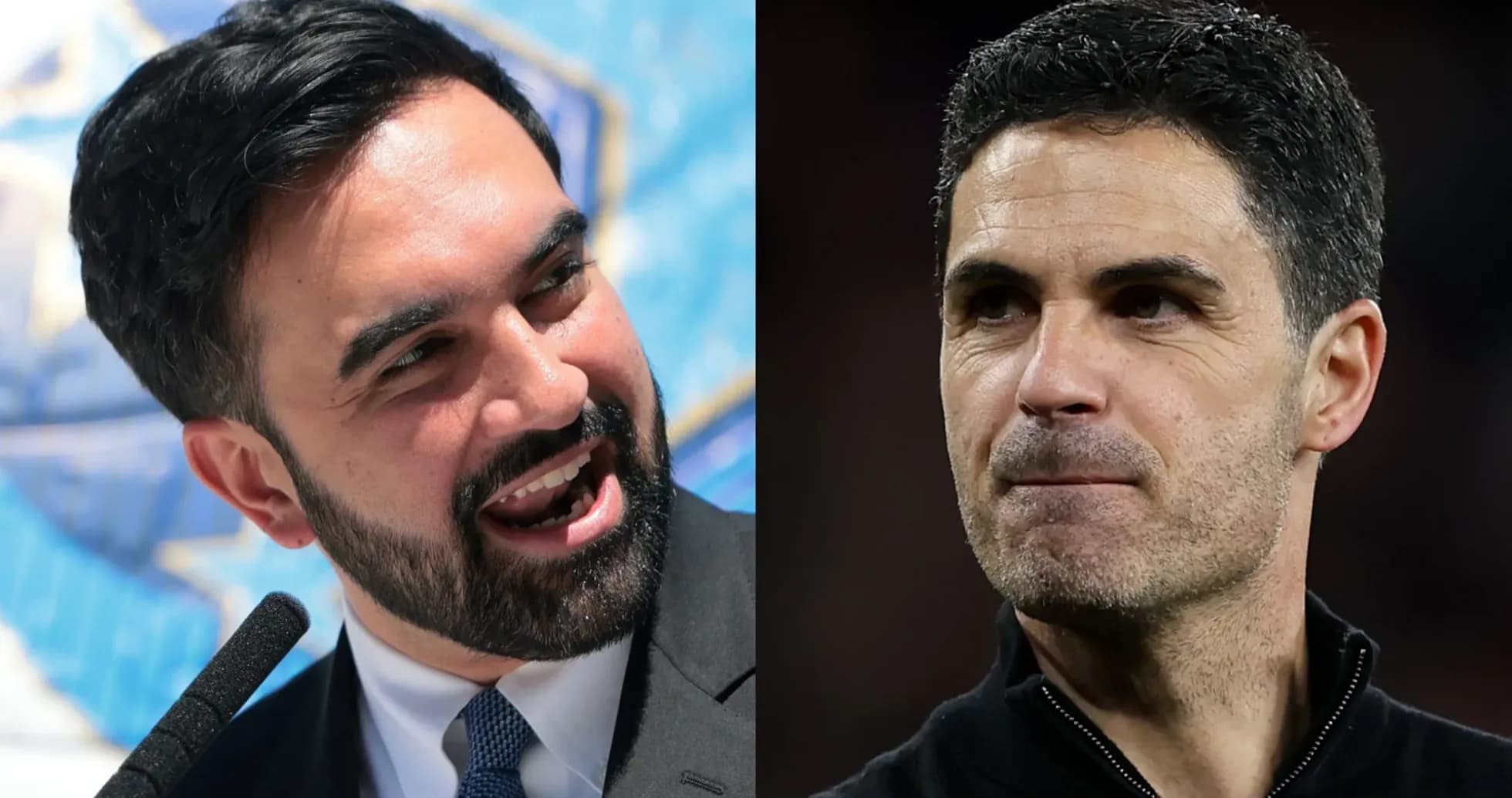 Two men speaking at events, one smiling, one serious Two men speaking at events, one smiling, one serious