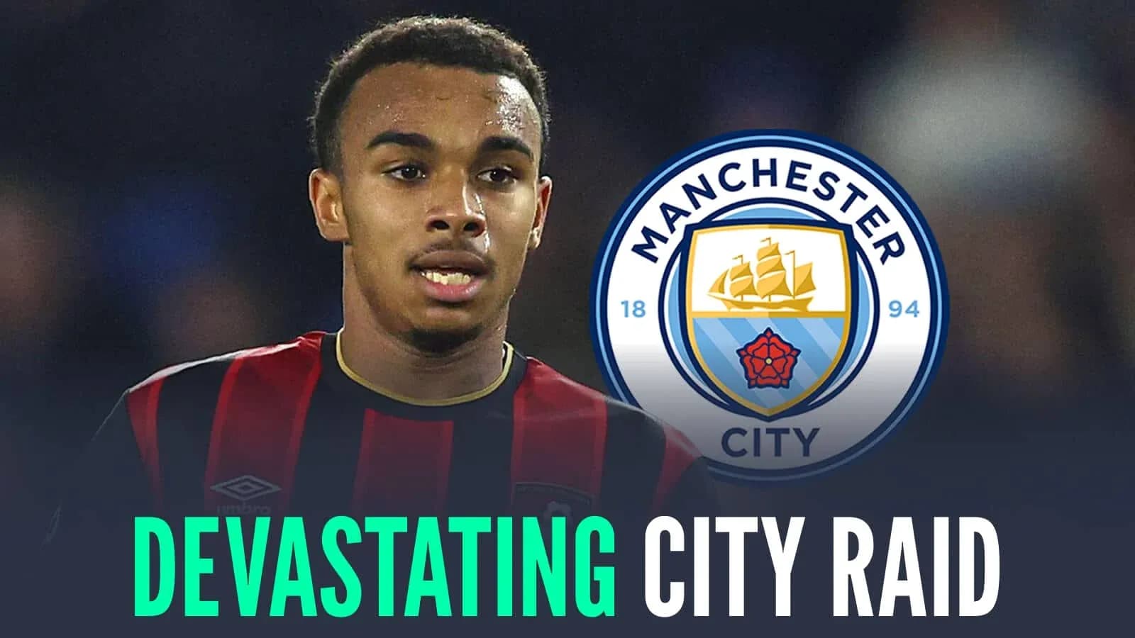 Player wearing black and red jersey with Manchester City logo Player wearing black and red jersey with Manchester City logo