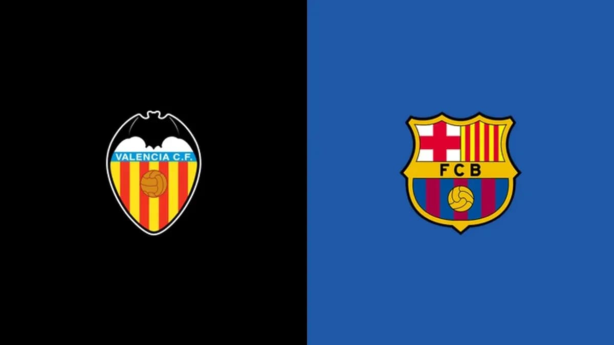 Logos of Valencia C.F. and FCB on contrasting backgrounds Logos of Valencia C.F. and FCB on contrasting backgrounds