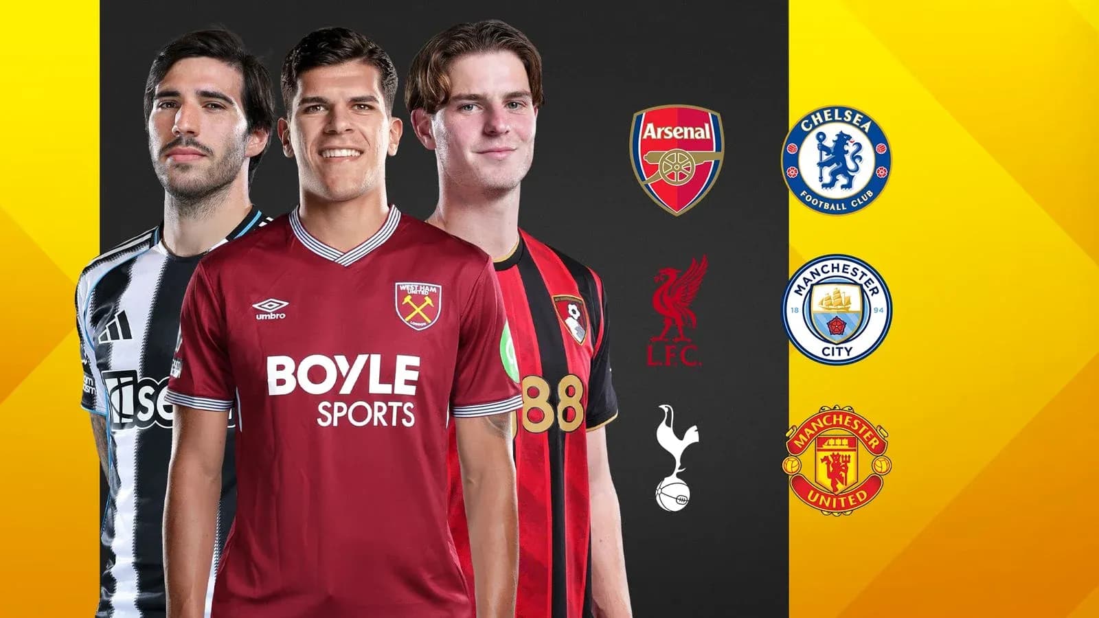 Three football players in club jerseys with logos Three football players in club jerseys with logos