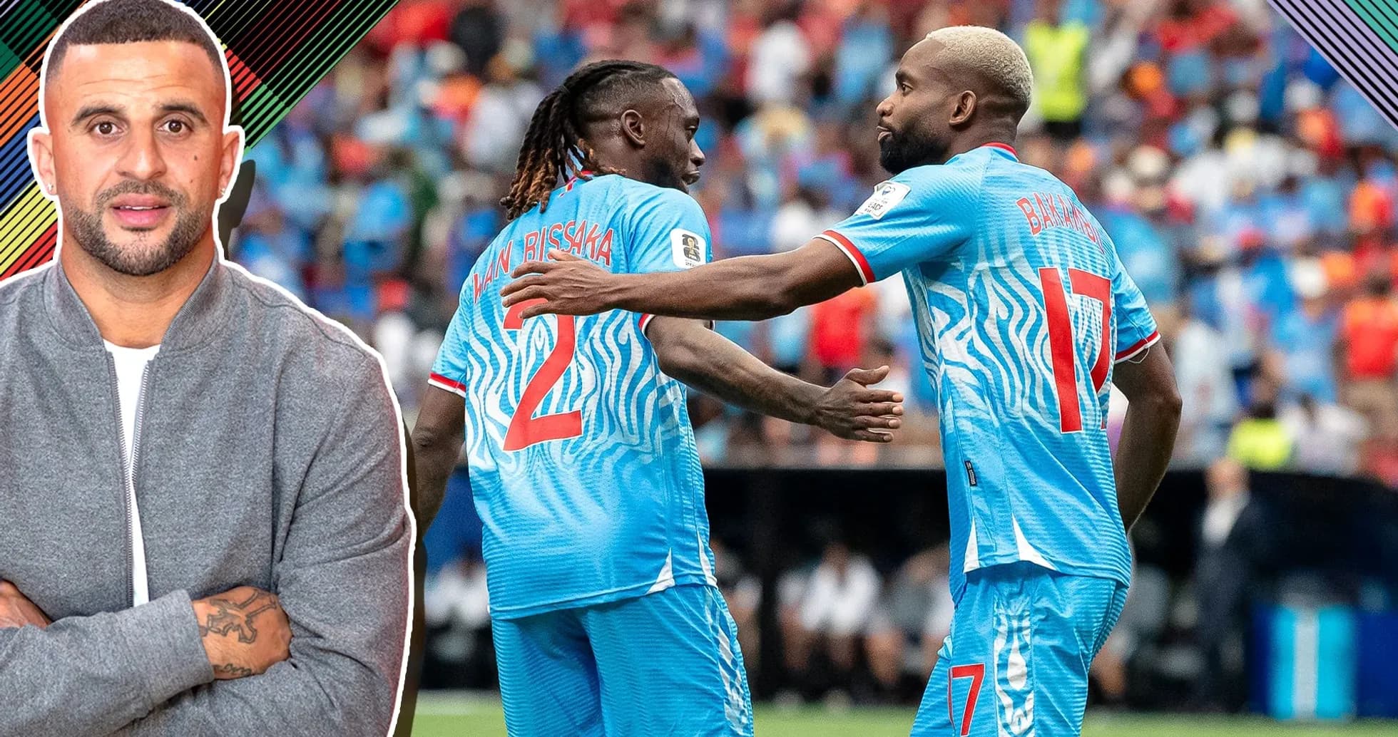 Players celebrating during a match, wearing blue kits Players celebrating during a match, wearing blue kits