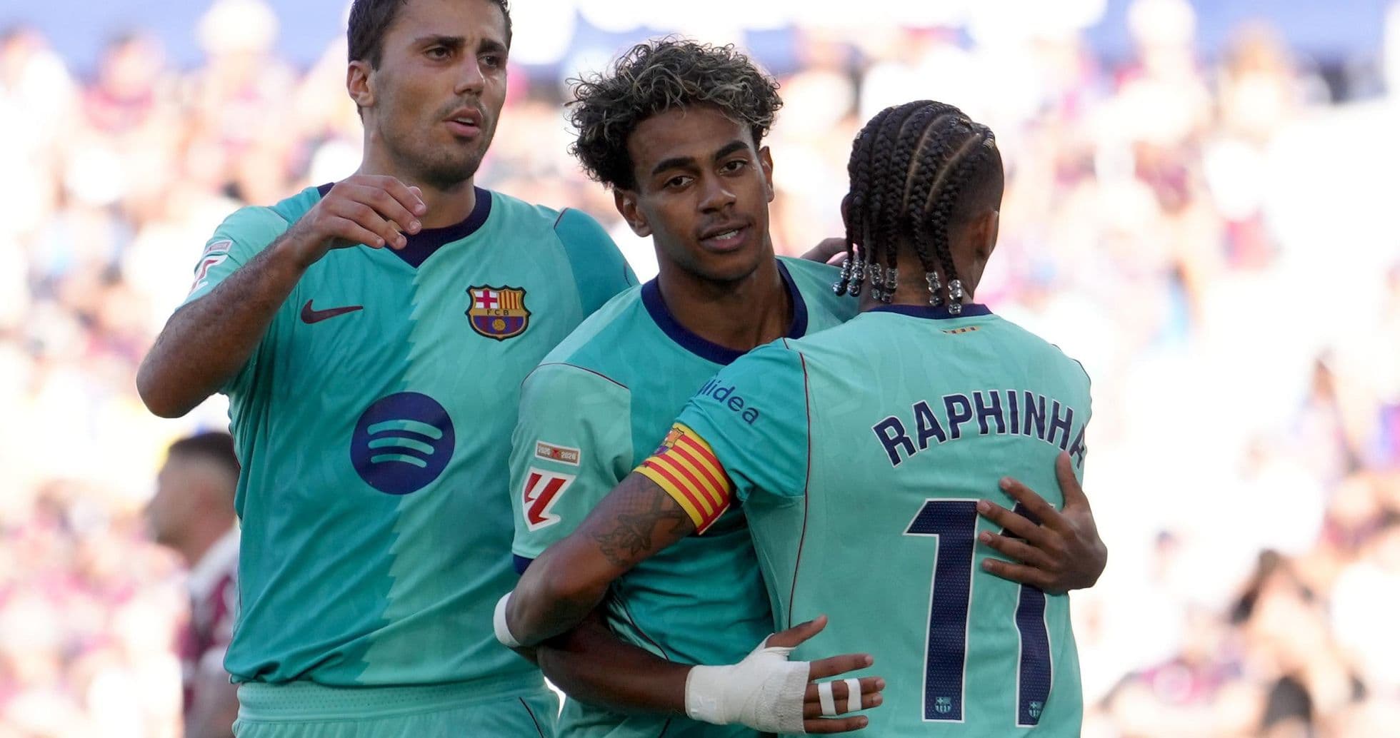Barcelona players celebrating a goal during match Barcelona players celebrating a goal during match