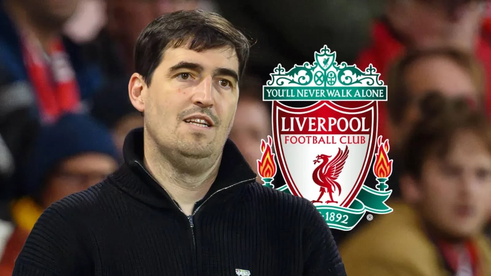 Man observing Liverpool FC logo in the background Man observing Liverpool FC logo in the background