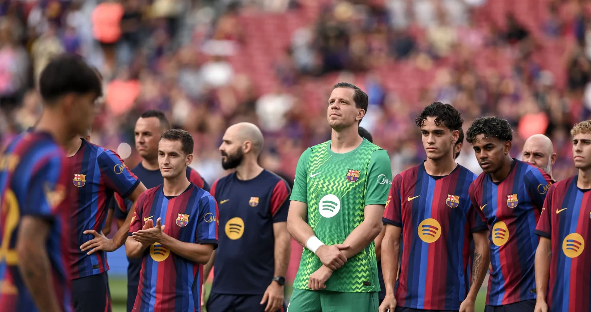 Barcelona players lined up before the match Barcelona players lined up before the match