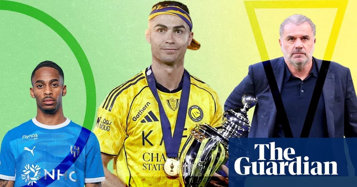 Three football figures, one holding a trophy Three football figures, one holding a trophy