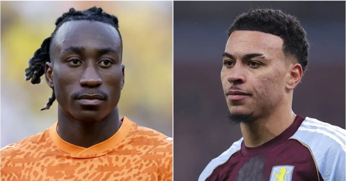 Two football players posing for a portrait Two football players posing for a portrait