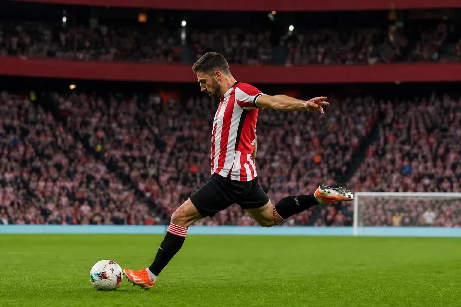 Player taking a corner kick at stadium Player taking a corner kick at stadium