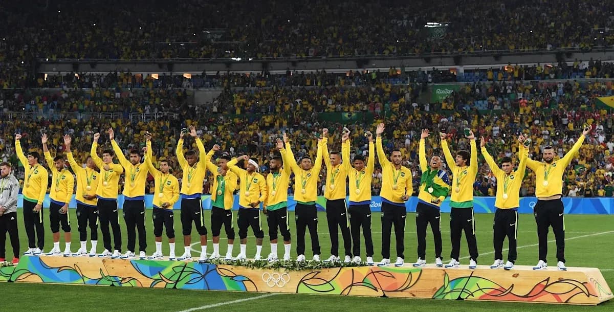 Brazilian football team celebrating Olympic gold medal Brazilian football team celebrating Olympic gold medal