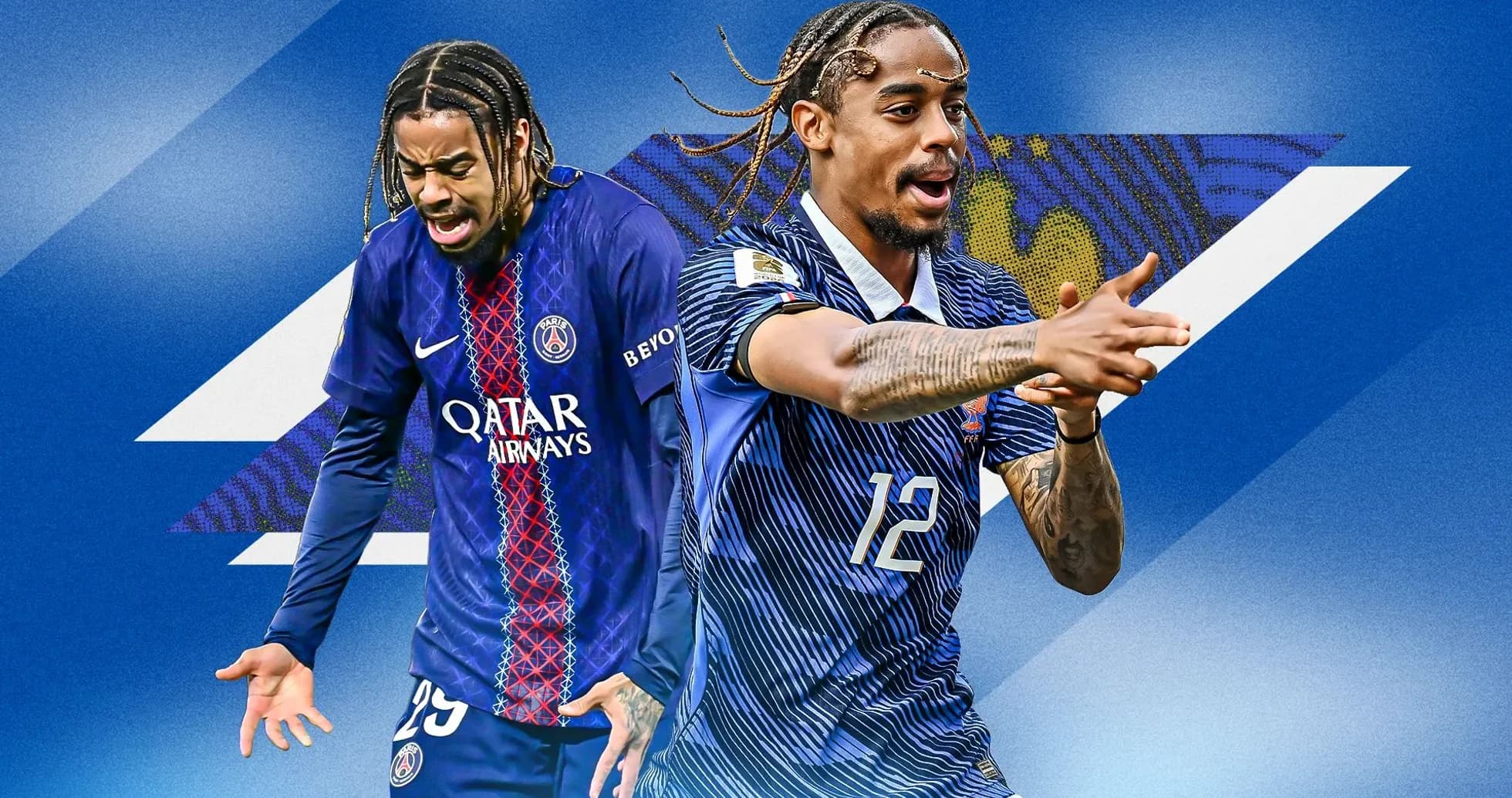 Two football players in team jerseys on blue background Two football players in team jerseys on blue background