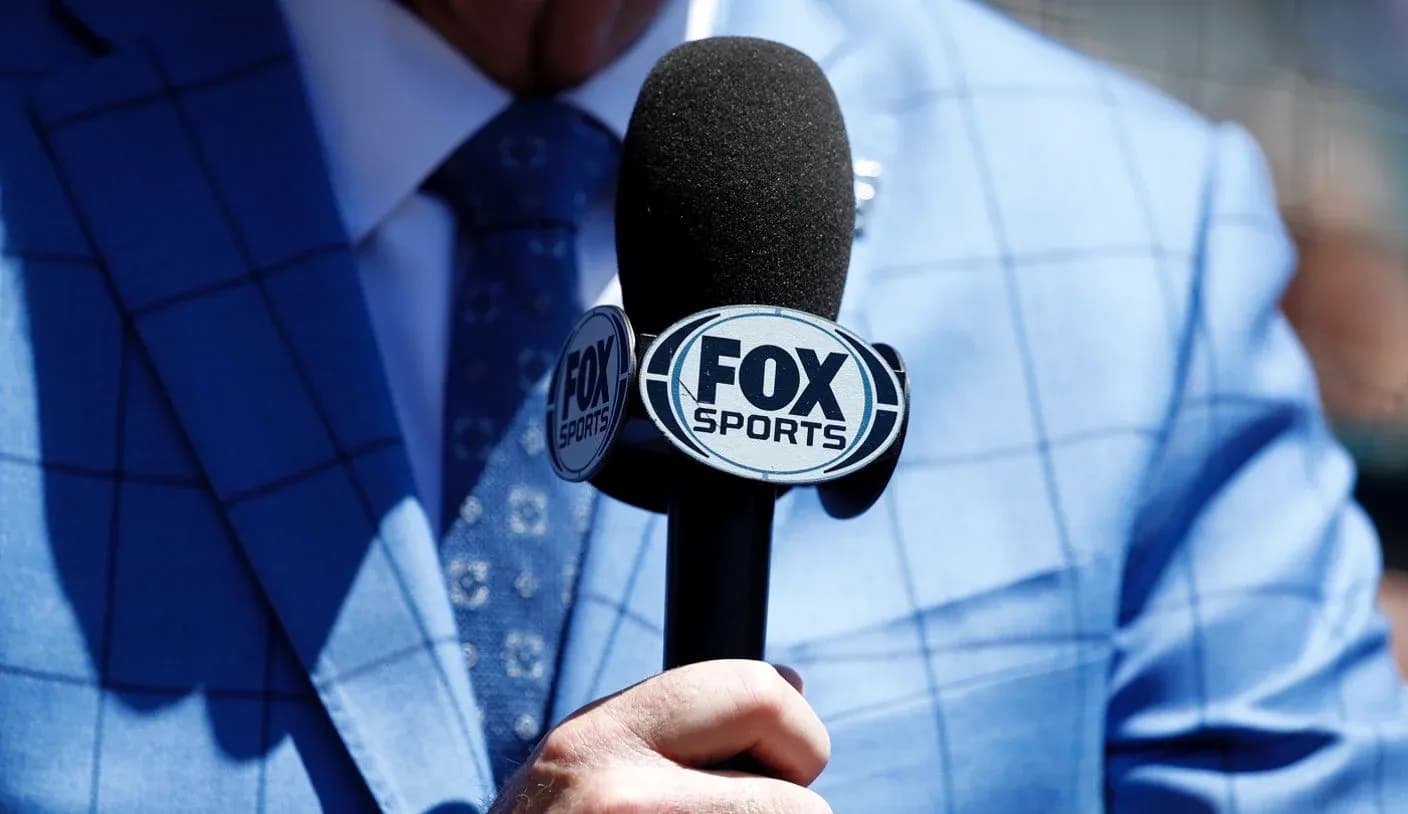 Close-up of FOX Sports microphone and suit Close-up of FOX Sports microphone and suit