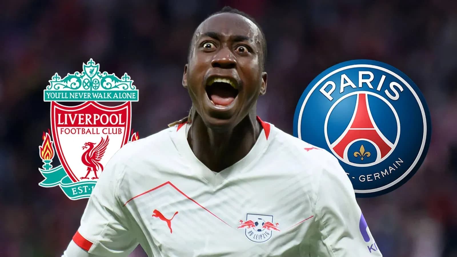 Player celebrating with Liverpool and PSG logos in background Player celebrating with Liverpool and PSG logos in background