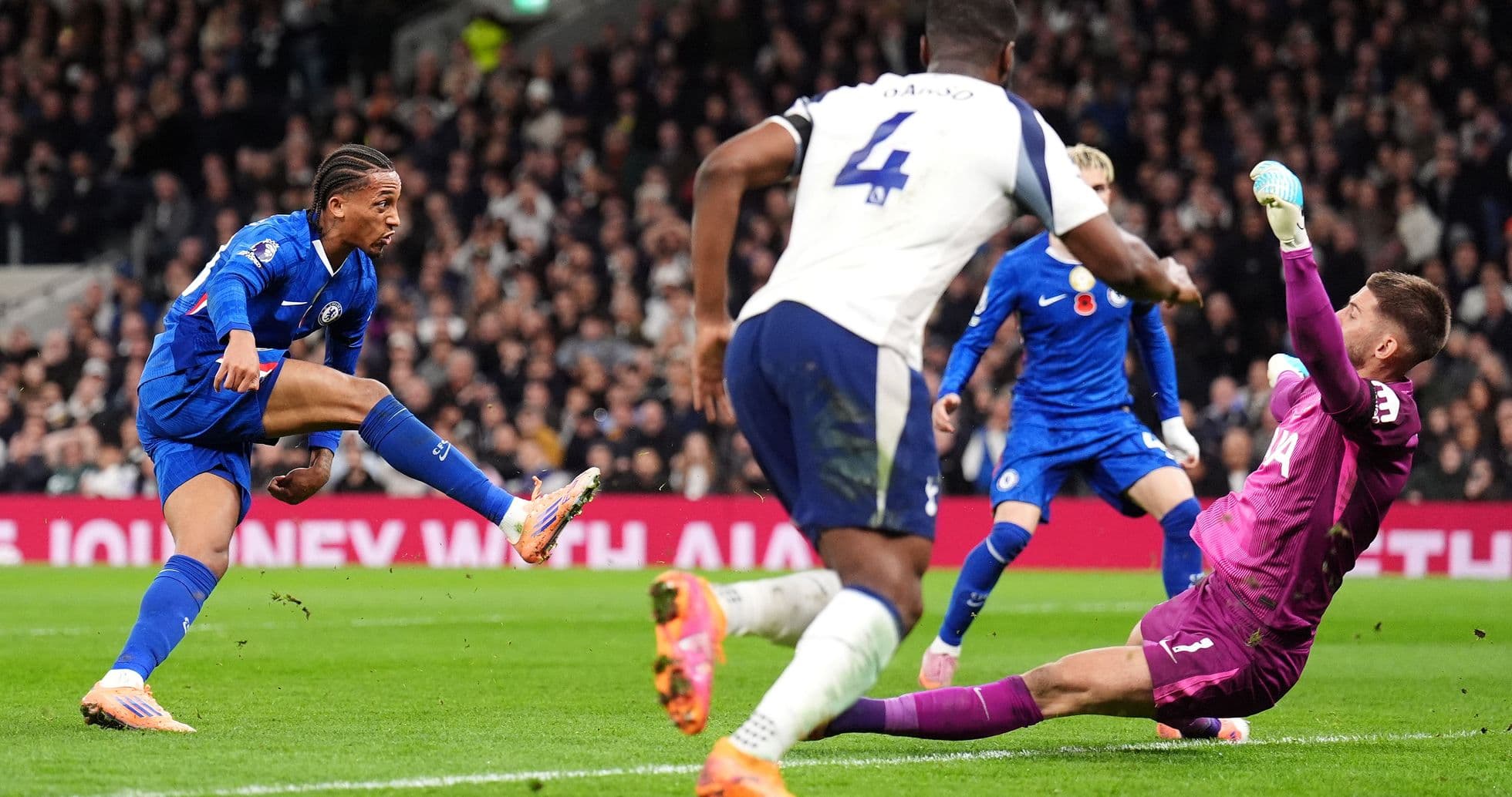 Chelsea player shoots on goal against Tottenham Chelsea player shoots on goal against Tottenham