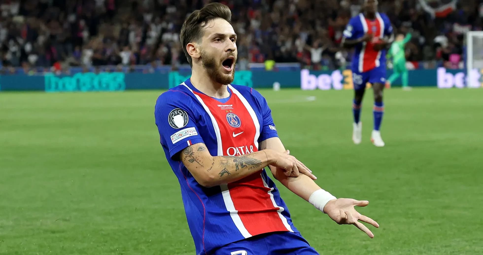 Player celebrating after scoring for PSG in match Player celebrating after scoring for PSG in match