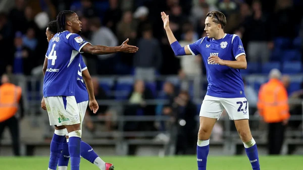 Cardiff City players celebrating a play on the pitch Cardiff City players celebrating a play on the pitch