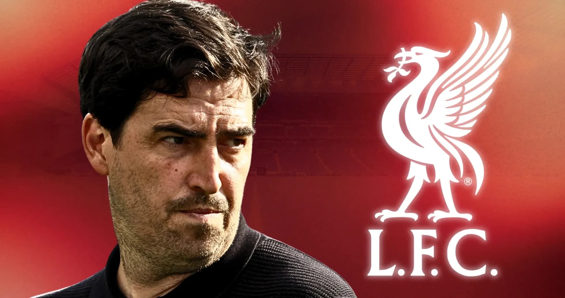 Coach in front of Liverpool FC logo backdrop Coach in front of Liverpool FC logo backdrop