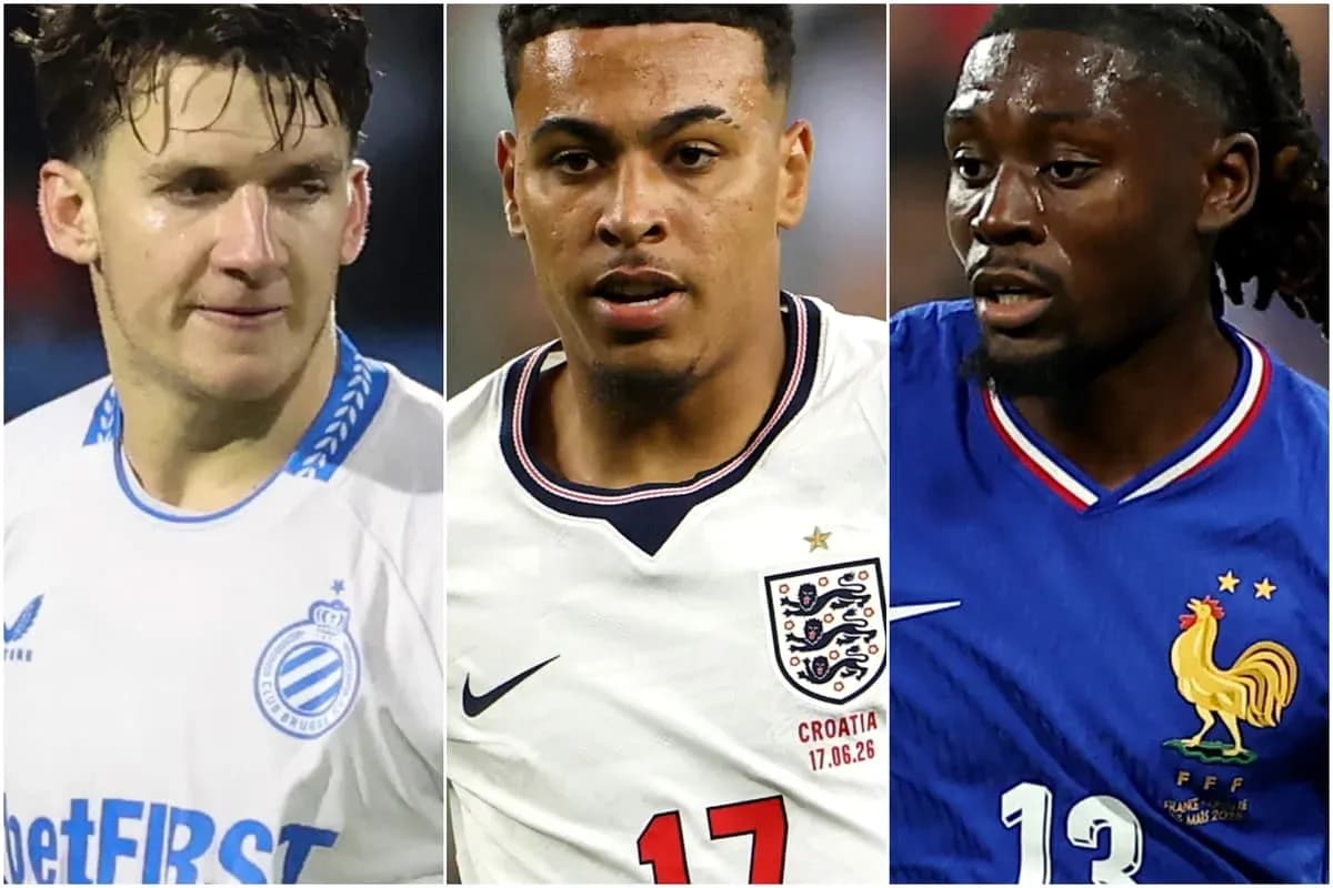 Three football players in their national team kits Three football players in their national team kits