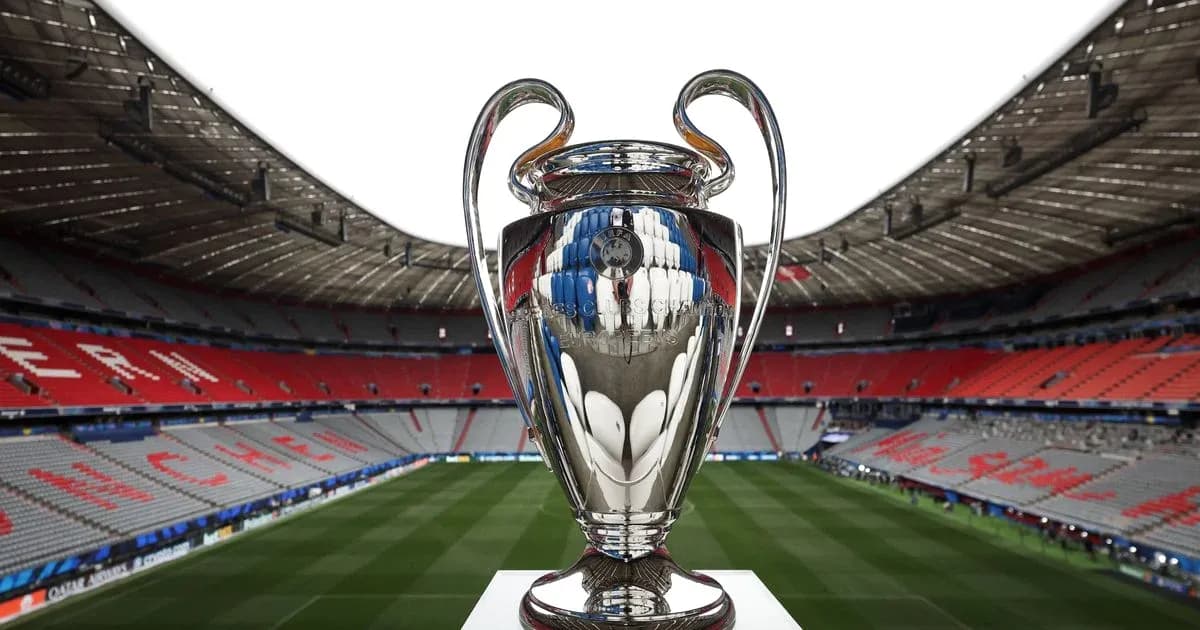 Champions League trophy in stadium before match Champions League trophy in stadium before match