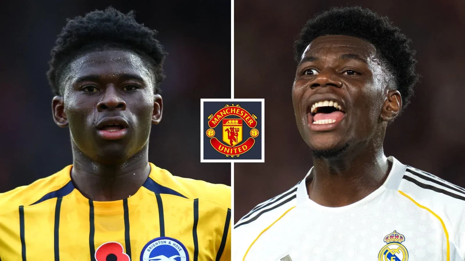 Two football players with Manchester United logo between them Two football players with Manchester United logo between them