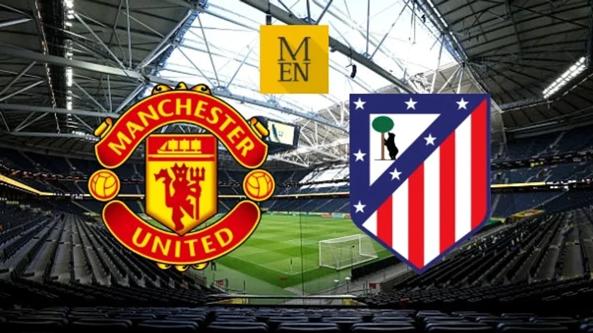 Manchester United and Atletico Madrid logos on stadium background Manchester United and Atletico Madrid logos on stadium background