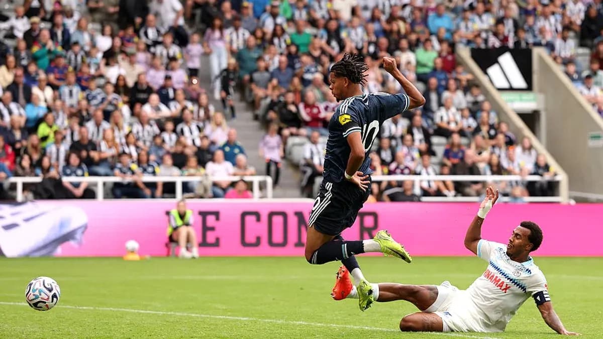 Player leaping over opponent during soccer match Player leaping over opponent during soccer match