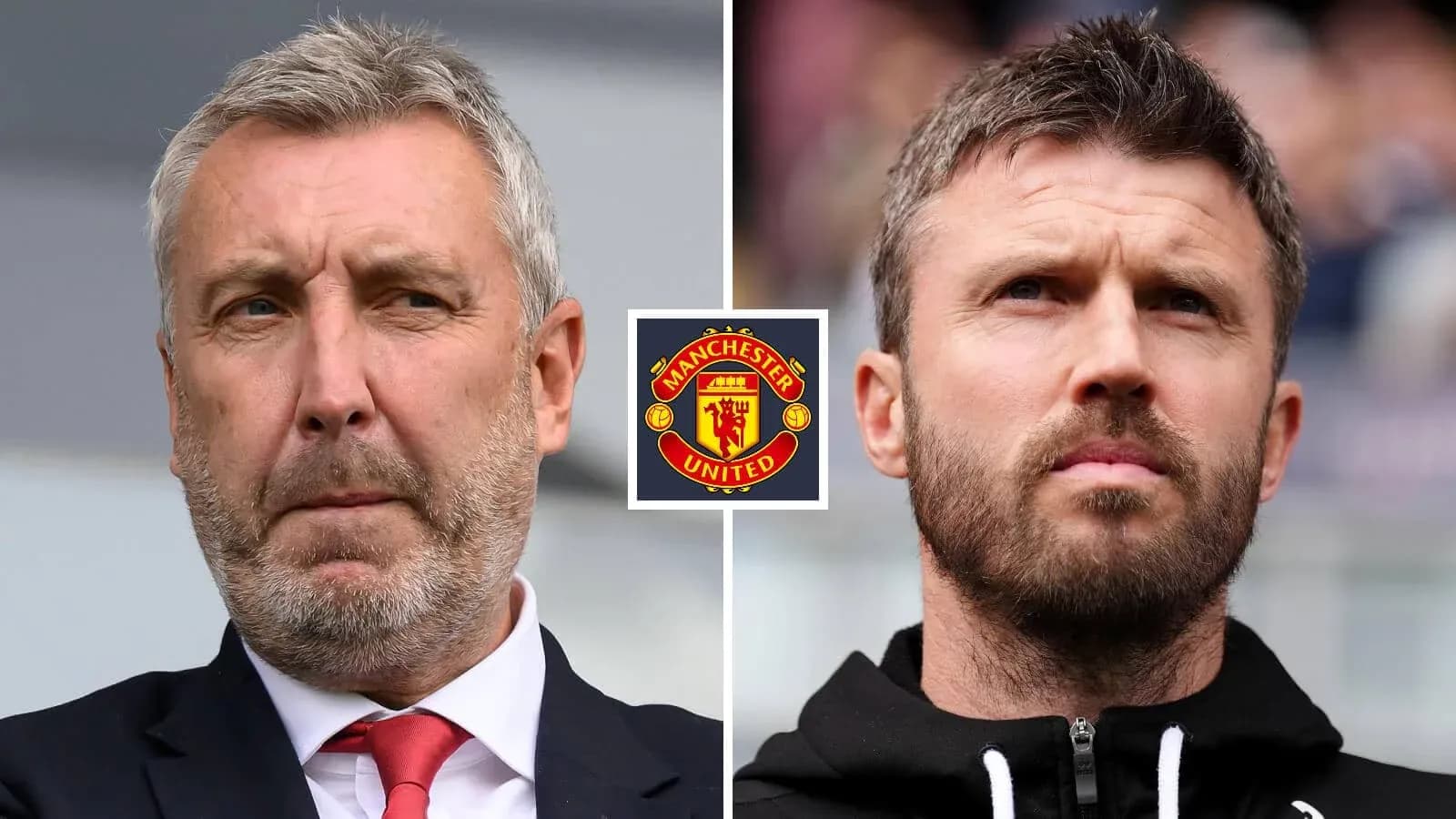 Two football managers with Manchester United logo Two football managers with Manchester United logo