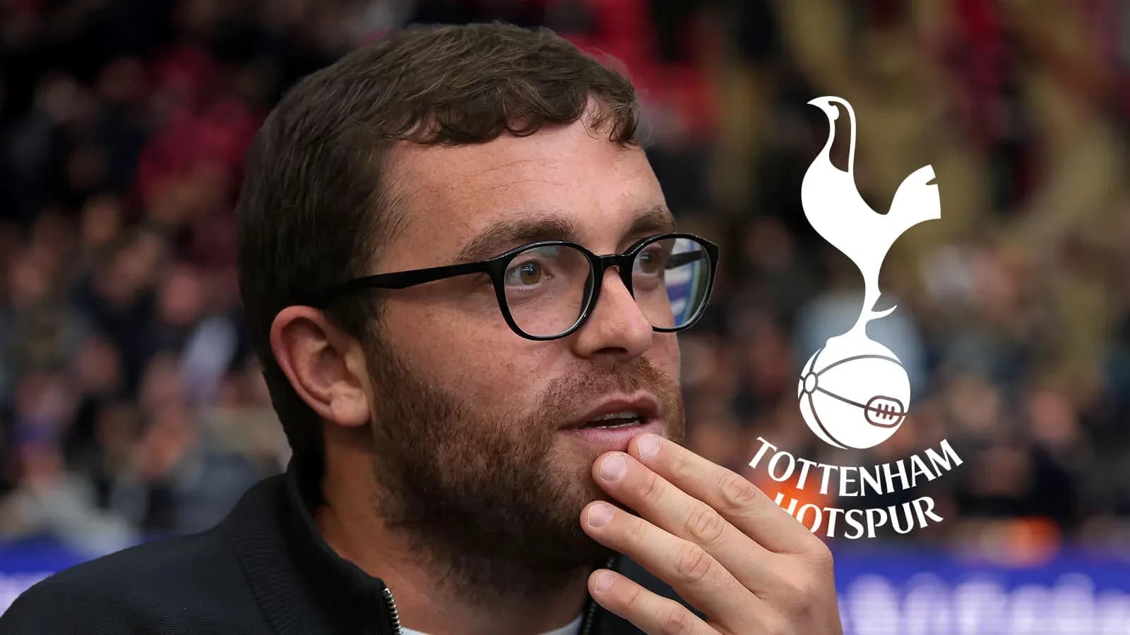 Man in glasses with Tottenham Hotspur logo background Man in glasses with Tottenham Hotspur logo background