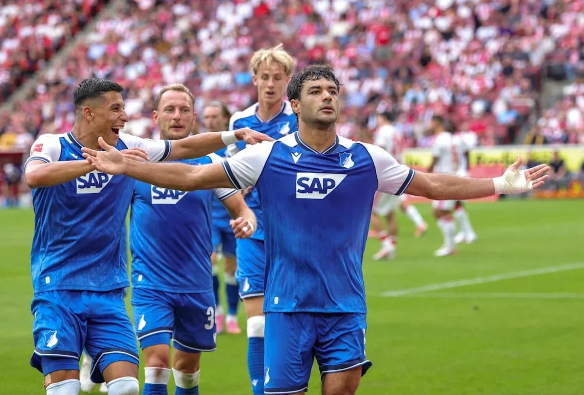 Hoffenheim players celebrating a goal on the field Hoffenheim players celebrating a goal on the field