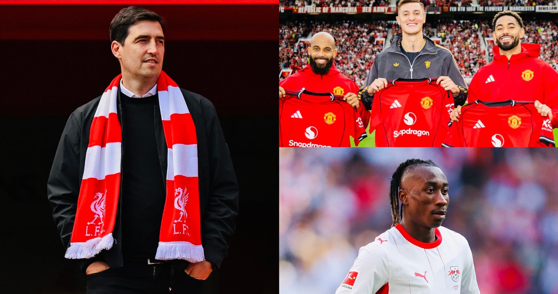 Manager with Liverpool scarf and players holding jerseys Manager with Liverpool scarf and players holding jerseys