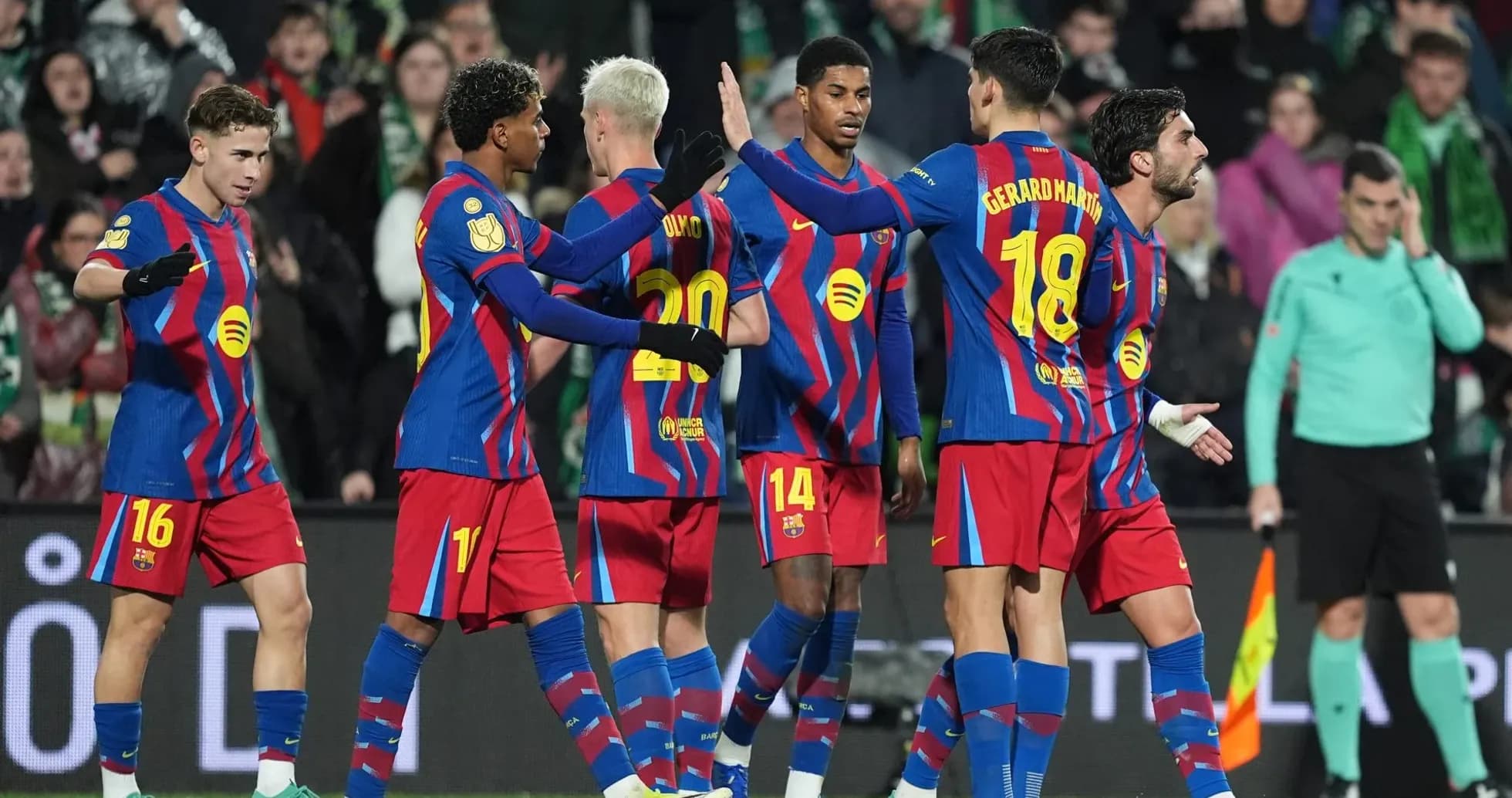 Barcelona players celebrating a goal during match Barcelona players celebrating a goal during match