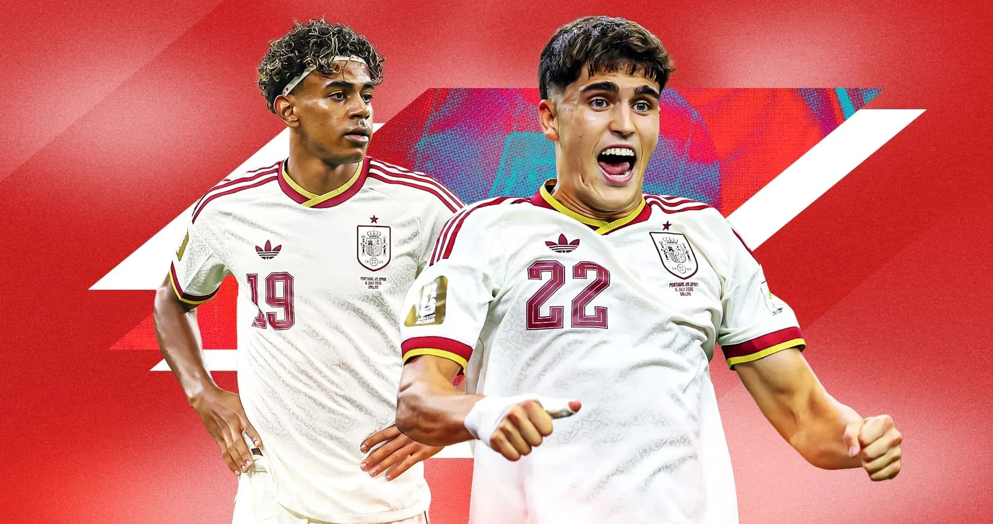 Two Spain players celebrating on red background Two Spain players celebrating on red background