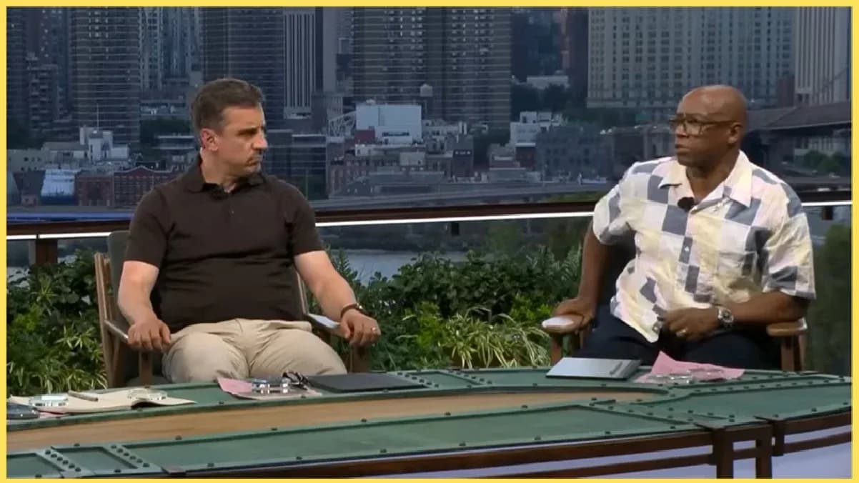 Two commentators discussing sports on outdoor set Two commentators discussing sports on outdoor set