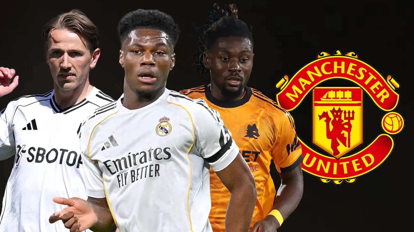 Three football players with Manchester United logo background Three football players with Manchester United logo background